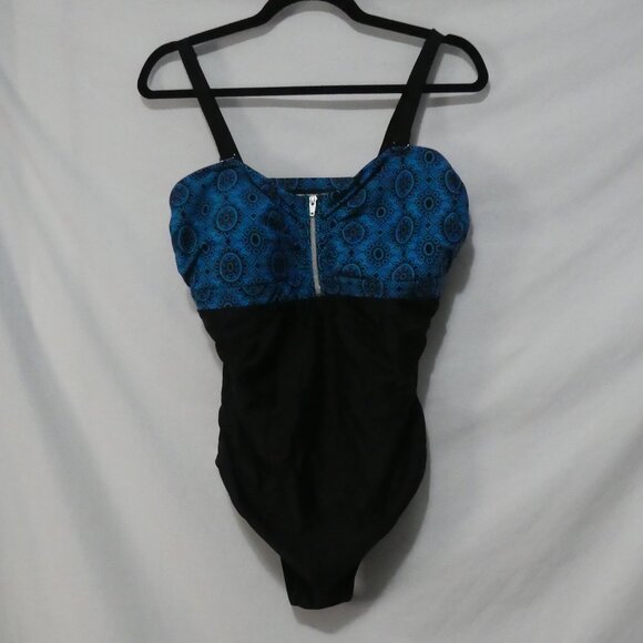 Unbranded | P2P 17.5 inches measured | Blue Patterned Black One Piece Swimsuit - Picture 1 of 14
